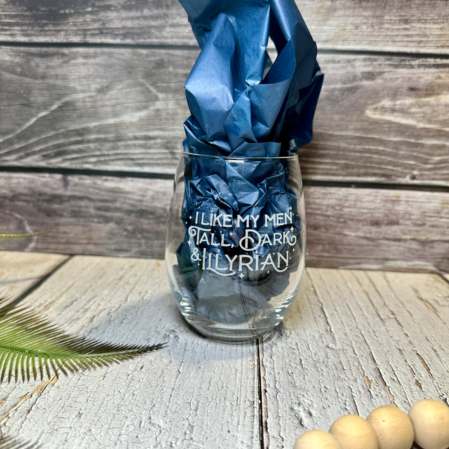Engraved “I Like My Men Tall, Dark, & Illyrian” Stemless Wine Glass | Fantasy Book Lover Gift | Custom Fantasy Drinkware