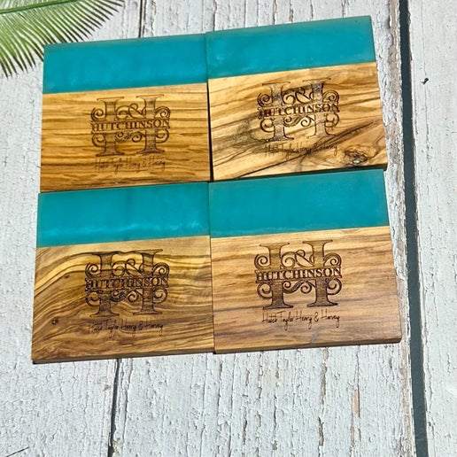 Custom Engraved Last Name Epoxy and Olive Wood Coaster