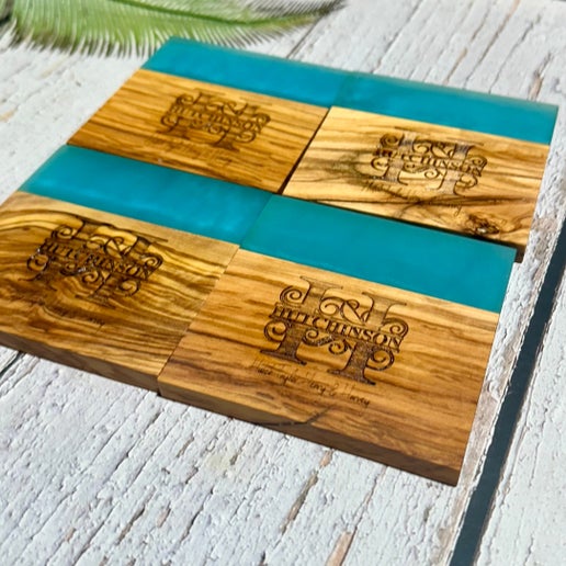 Custom Engraved Last Name Epoxy and Olive Wood Coaster