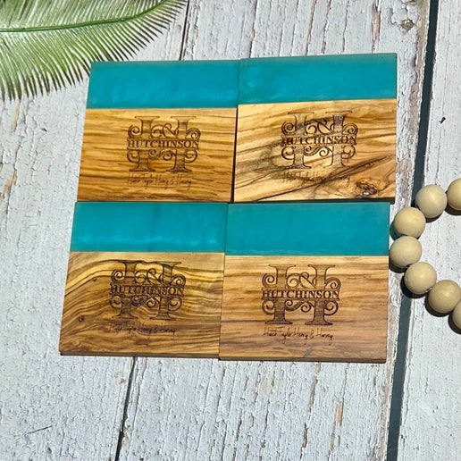Custom Engraved Last Name Epoxy and Olive Wood Coaster
