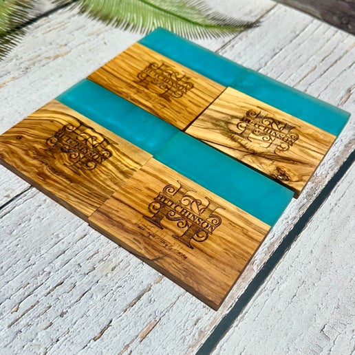 Custom Engraved Last Name Epoxy and Olive Wood Coaster