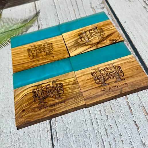 Custom Engraved Last Name Epoxy and Olive Wood Coaster