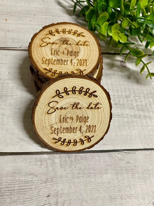 Rustic Wood Slice Save the Date Magnets โ Personalized Wedding Keepsakes