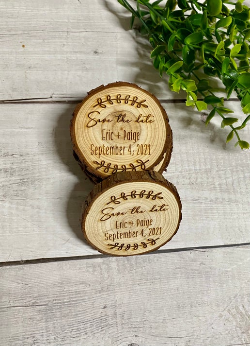 Rustic Wood Slice Save the Date Magnets โ Personalized Wedding Keepsakes