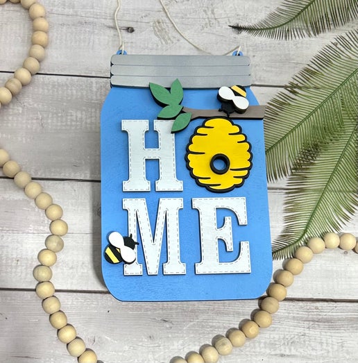 Bee-Themed Mason Jar Door Hanger – “Home” Wooden Sign