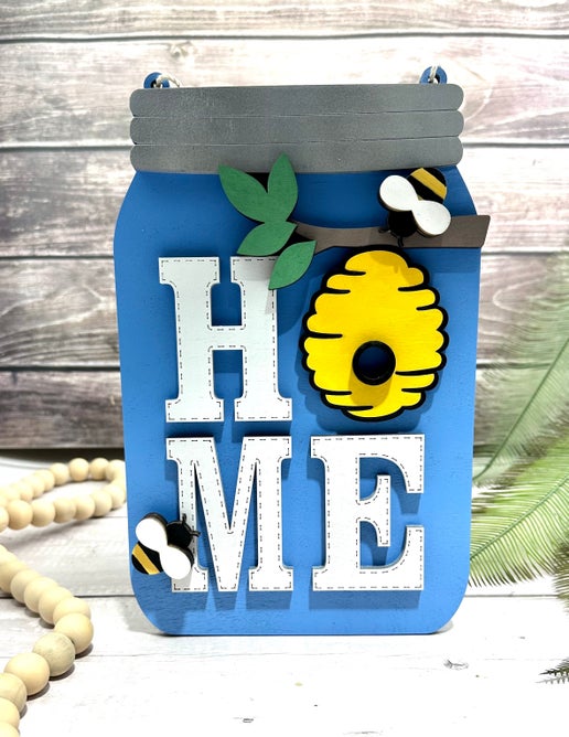 Bee-Themed Mason Jar Door Hanger – “Home” Wooden Sign