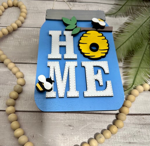 Bee-Themed Mason Jar Door Hanger – “Home” Wooden Sign
