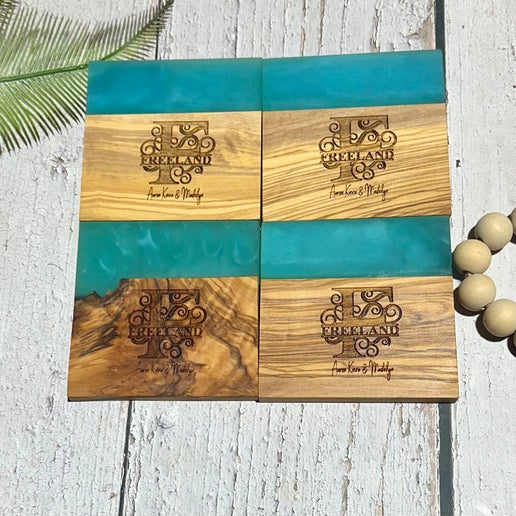 Custom Engraved Last Name Epoxy and Olive Wood Coaster