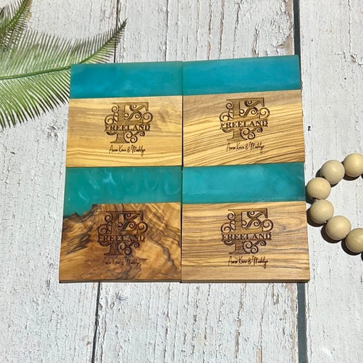 Custom Engraved Last Name Epoxy and Olive Wood Coaster