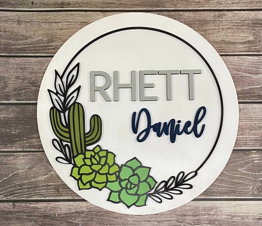 Personalized Succulent & Cactus Name Sign – 18” Round