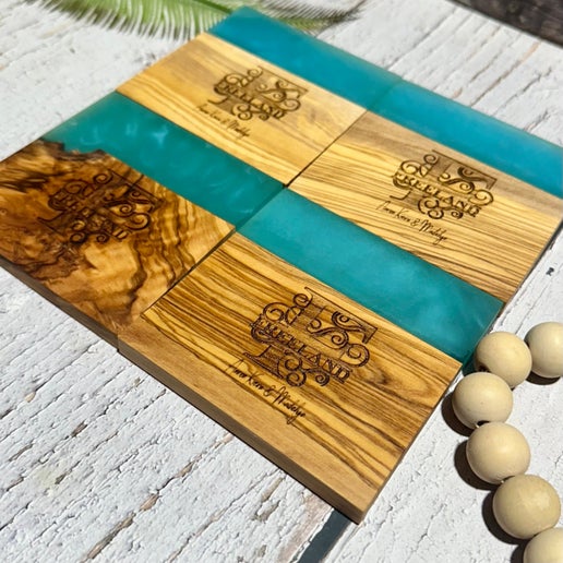 Custom Engraved Last Name Epoxy and Olive Wood Coaster