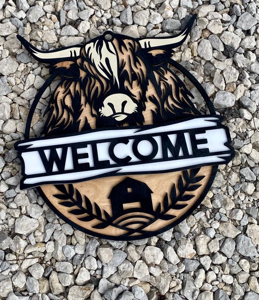Rustic Highland Cow Welcome Sign – Farmhouse Charm for Your Home! 🐮✨