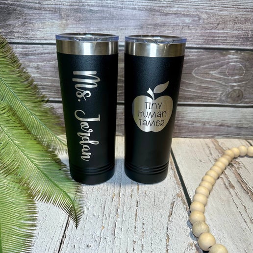 Personalized 22 oz Skinny Tumblers - Tiny Human Tamer Edition