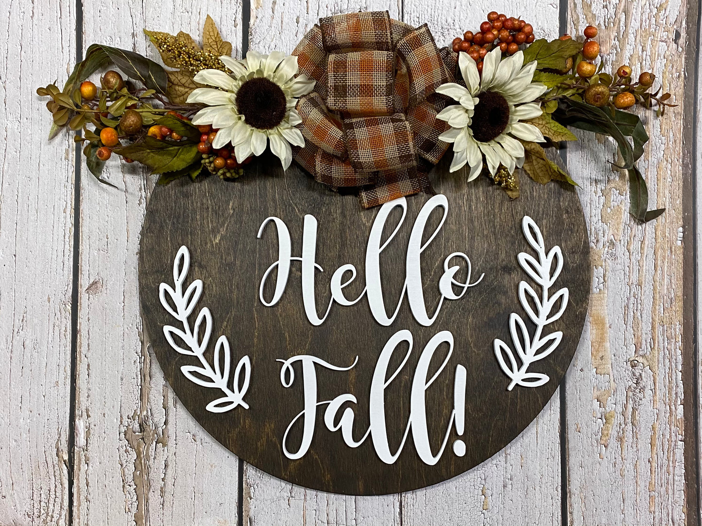 Hello Fall- Round Wooden Door Hanger | 18 Inches | Rustic Autumn Decor
