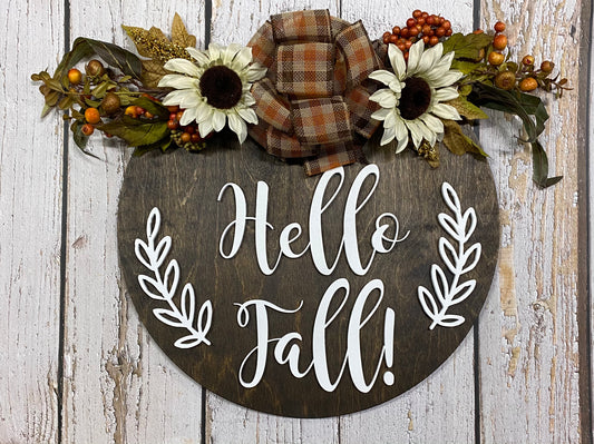 Hello Fall- Round Wooden Door Hanger | 18 Inches | Rustic Autumn Decor