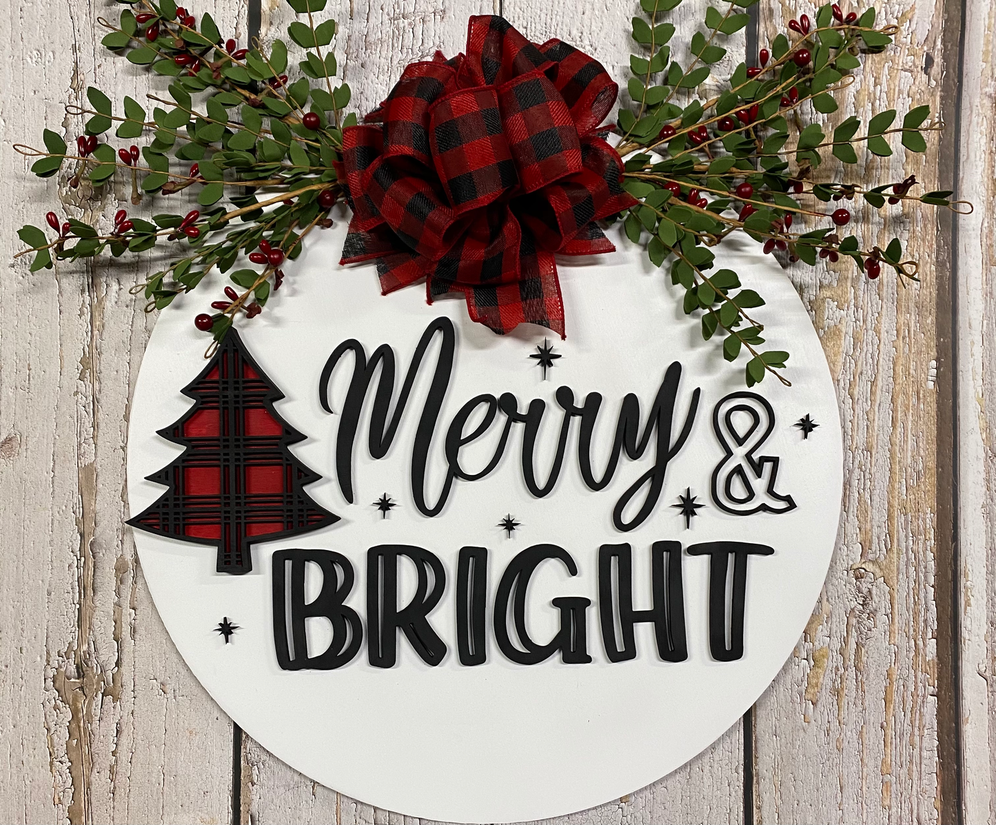 Merry & Bright - Round Wooden Door Hanger | 18 Inches | Christmas Décor