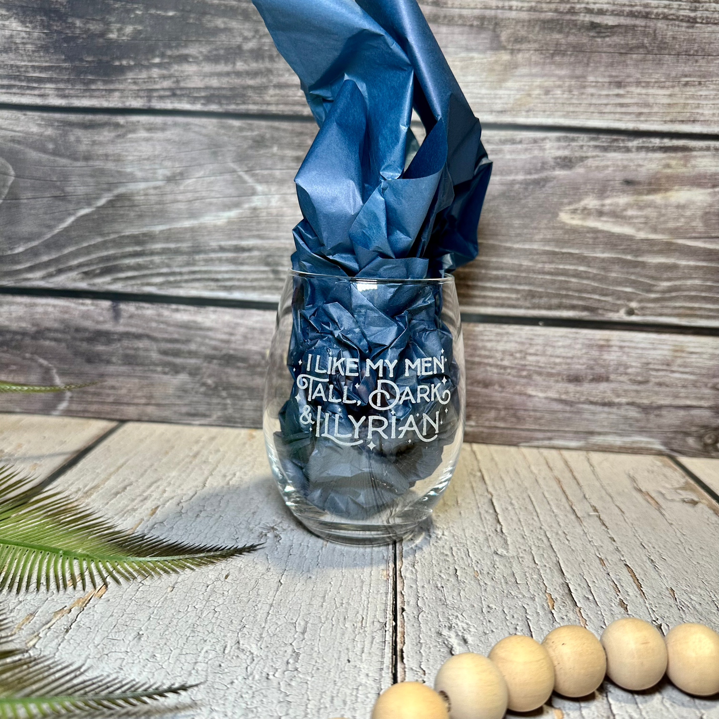Engraved “I Like My Men Tall, Dark, & Illyrian” Stemless Wine Glass | Fantasy Book Lover Gift | Custom Fantasy Drinkware