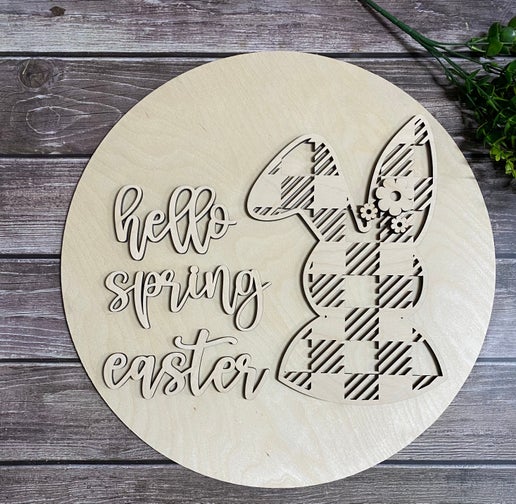 DIY Buffalo Plaid Bunny Spring & Easter Round - Customizable 18-Inch Wooden Sign