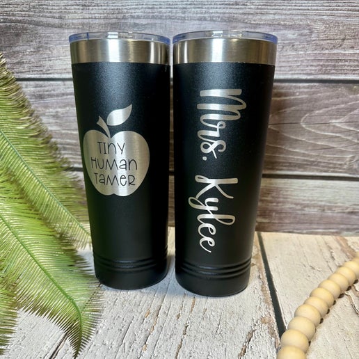 Personalized 22 oz Skinny Tumblers - Tiny Human Tamer Edition